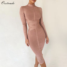 Load image into Gallery viewer, Ocstrade Bodycon Dress 2020 Nude Turtleneck Rayon Long Sleeve Bandage Dress High Quality Ribbed Womens Midi Bandage Dress Sexy
