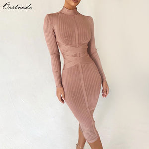 Ocstrade Bodycon Dress 2020 Nude Turtleneck Rayon Long Sleeve Bandage Dress High Quality Ribbed Womens Midi Bandage Dress Sexy