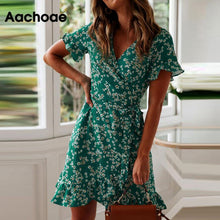 Load image into Gallery viewer, Women Dresses Summer 2020 Sexy V Neck Floral Print Boho Beach Dress Ruffle Short Sleeve A Line Mini Dress Wrap Sundress Robe
