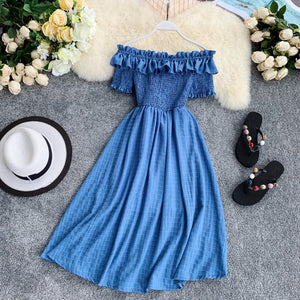 OCEANLOVE Women Summer Dresses Plaid Slash Neck Off Shouder Solid Vestidos 2020 Ruffles A-line High Waist Dress Robe Femme 11767