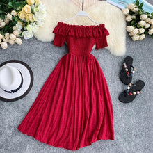 Load image into Gallery viewer, OCEANLOVE Women Summer Dresses Plaid Slash Neck Off Shouder Solid Vestidos 2020 Ruffles A-line High Waist Dress Robe Femme 11767
